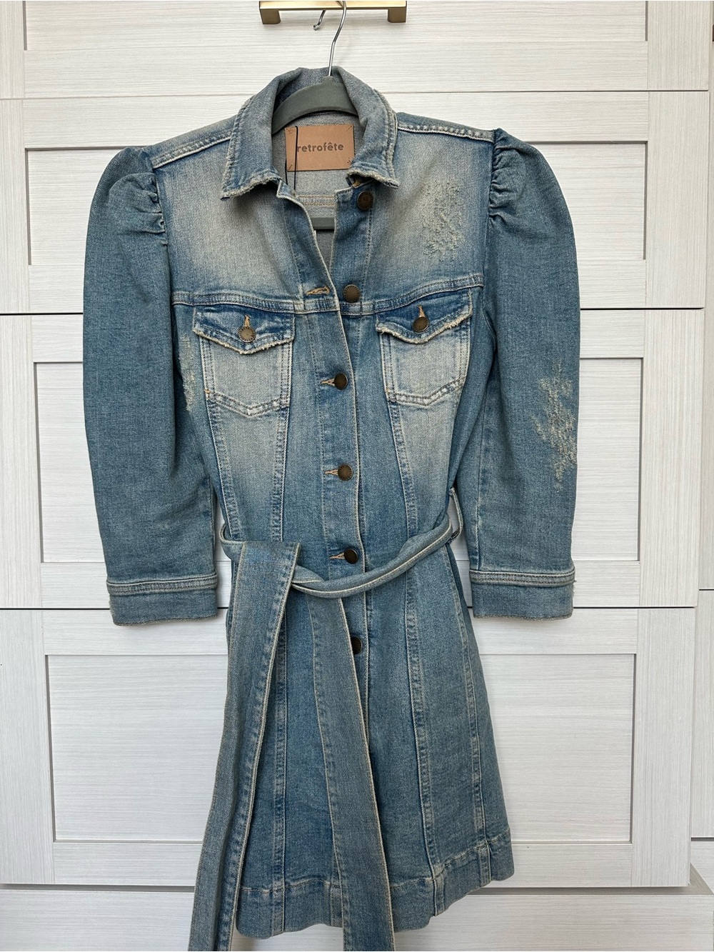 Retrofete Denim Mini Shirt Dress with tie belt- small